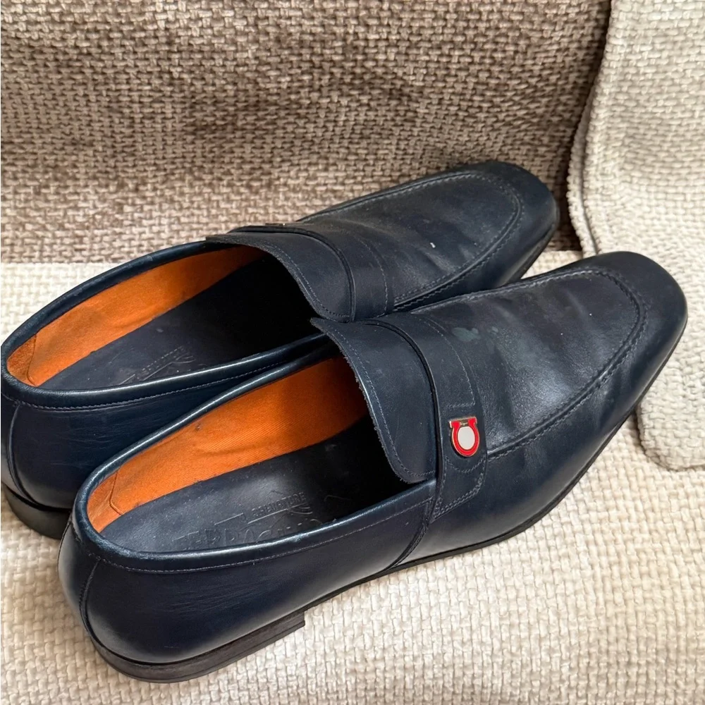 Salvatore Ferragamo Black Leather Slip-On Loafers with Orange Lining